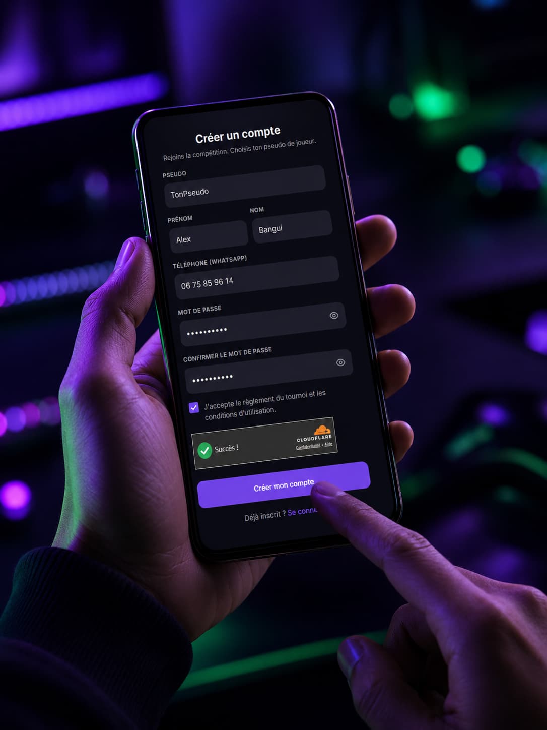 Création de compte joueur sur smartphone